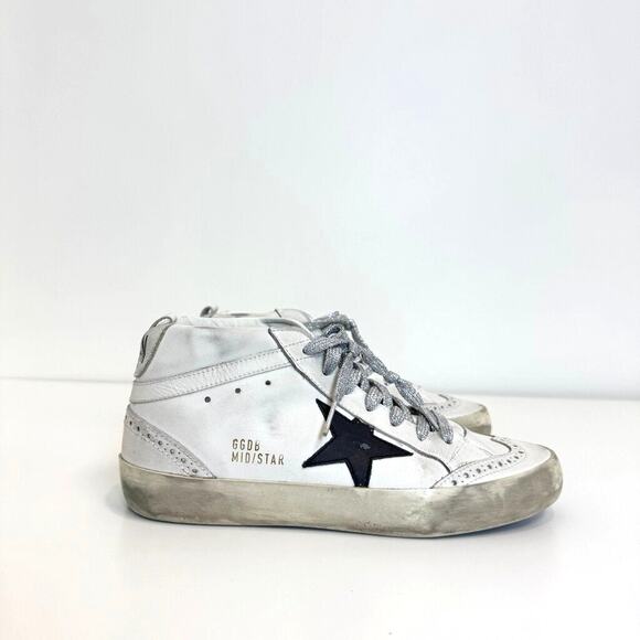 Golden Goose Shoes - Golden Goose Mid Star White Leather Silver Glitter Lace Sneakers 38 Wingtip Shoe